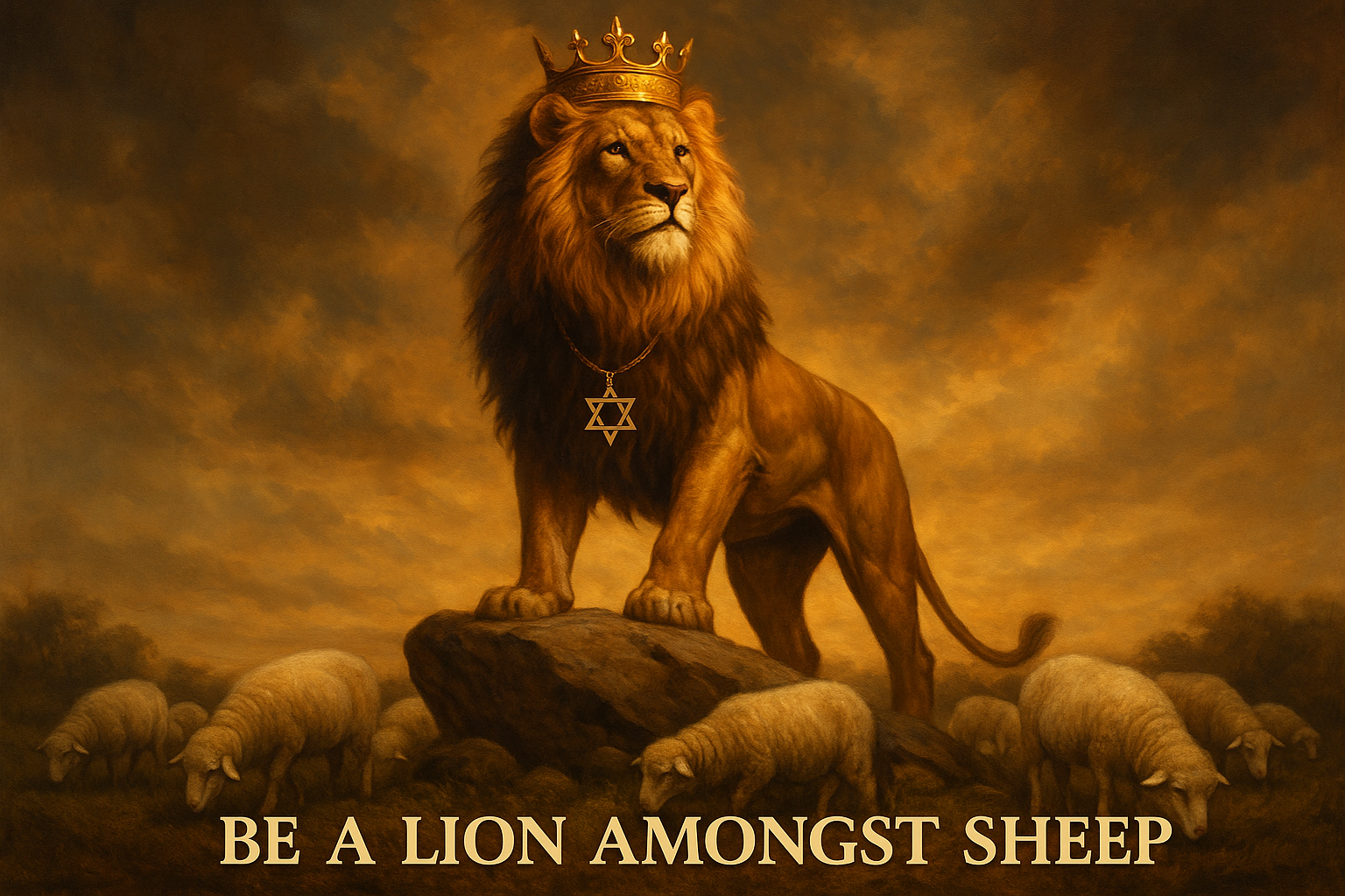 A majestic lion stands proudly with his front feet on a rock, a crown on his head and a star of david around his neck is surrounded by sheep across the bottom in times new Roman font reads be a lion amongst sheep
